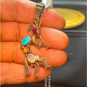 Ladies vintage SW Kokopelli turquoise, opal, and agate stones pendent w/chain